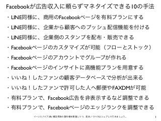 1イーンスパイア(株) 横田秀珠の著作権を尊重しつつ、是非ノウハウはシェアして行きましょう。
Facebookが広告収入に頼らずマネタイズできる10の手法
・LINE同様に、商用のFacebookページを有料プランにする
・LINE同様に、企業から顧客へのプッシュ配信機能を付ける
・LINE同様に、企業側のスタンプを配布・販売できる
・Facebookページのカスタマイズが可能（フローとストック）
・Facebookページのアカウントでグループが作れる
・Facebookページのインサイトに高機能プランを用意する
・いいね！したファンの顧客データベースで分析が出来る
・いいね！したファンで許可した人へ郵便やFAXDMが可能
・有料プランで、Facebook広告を非表示するなど調整できる
・有料プランで、Facebookページのエッジランクを調整できる
 