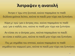 . εγώ ‘μαι ο καλόσ ζος, κούνα ηο παιδί μην ηύσει και ξςπνήζει
αν είςαι ο καλόσ μου, κοφνα το παιδί μθν τφχει και ξυπνιςει
Άςτραψεν θ ανατολι
Άνηπα ν’ έσω ζηη ξενιηειά, κούνα παπαμάνα ηο παιδί
δϊδεκα χρόνια λείπει, κοφνα το παιδί μθν τφχει και ξυπνιςει
Κόπη μ’ εγώ ‘μαι ο άνηπαρ ζος, κούνα παπαμάνα ηο παιδί
Αν είςαι ςυ ο άντρασ μου, κοφνα παραμάνα το παιδί
Περ με ζημάδια ηος ζπιηιού, κούνα παπαμάνα ηο παιδί
ςθμάδια του κορμιοφ μου, κοφνα το παιδί μθν τφχει και ξυπνιςει
64
 