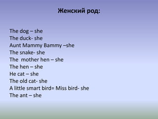 Женский род:
The dog – she
The duck- she
Aunt Mammy Bammy –she
The snake- she
The mother hen – she
The hen – she
He cat – she
The old cat- she
A little smart bird= Miss bird- she
The ant – she
 