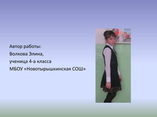 Автор работы:
Волкова Элина,
ученица 4-а класса
МБОУ «Новотырышкинская СОШ»
 