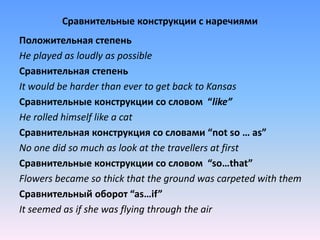 Сравнительные конструкции с наречиями
Положительная степень
He played as loudly as possible
Сравнительная степень
It would be harder than ever to get back to Kansas
Сравнительные конструкции со словом “like”
He rolled himself like a cat
Сравнительная конструкция со словами “not so … as”
No one did so much as look at the travellers at first
Сравнительные конструкции со словом “so…that”
Flowers became so thick that the ground was carpeted with them
Сравнительный оборот “as…if”
It seemed as if she was flying through the air
 