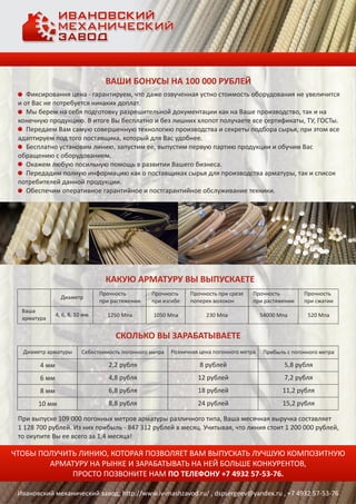 Фиксировання цена - гарантируем, что даже озвученная устно стоимость оборудования не увеличится
и от Вас не потребуется никаких доплат.
Мы берем на себя подготовку разрешительной документации как на Ваше производство, так и на
конечную продукцию. В итоге Вы бесплатно и без лишних хлопот получаете все сертификаты, ТУ, ГОСТы.
Передаем Вам самую совершенную технологию производства и секреты подбора сырья, при этом все
адаптируем под того поставщика, который для Вас удобнее.
Бесплатно установим линию, запустим ее, выпустим первую партию продукции и обучим Вас
обращению с оборудованием.
Окажем любую посильную помощь в развитии Вашего бизнеса.
Передадим полную информацию как о поставщиках сырья для производства арматуры, так и список
потребителей данной продукции.
Обеспечим оперативное гарантийное и постгарантийное обслуживание техники.
ВАШИ БОНУСЫ НА 100 000 РУБЛЕЙ
При выпуске 109 000 погонных метров арматуры различного типа, Ваша месячная выручка составляет
1 128 700 рублей. Из них прибыль - 847 312 рублей в месяц. Учитывая, что линия стоит 1 200 000 рублей,
то окупите Вы ее всего за 1,4 месяца!
СКОЛЬКО ВЫ ЗАРАБАТЫВАЕТЕ
КАКУЮ АРМАТУРУ ВЫ ВЫПУСКАЕТЕ
Диаметр
Прочность
при растяжении
Прочность
при изгибе
Прочность при срезе
поперек волокон
Прочность
при растяжении
Прочность
при сжатии
Ваша
арматура
4, 6, 8, 10 мм 1250 Мпа 1050 Мпа 230 Мпа 54000 Мпа 520 Мпа
Диаметр арматуры Себестоимость погонного метра Розничная цена погонного метра Прибыль с погонного метра
4 мм
6 мм
8 мм
10 мм
2,2 рубля
4,8 рубля
6,8 рубля
8,8 рубля
8 рублей
12 рублей
18 рублей
24 рублей
5,8 рубля
7,2 рубля
11,2 рубля
15,2 рубля
Ивановский механический завод, http://www.iv-mashzavod.ru/ , dspsergeev@yandex.ru , +7 4932 57-53-76
ЧТОБЫ ПОЛУЧИТЬ ЛИНИЮ, КОТОРАЯ ПОЗВОЛЯЕТ ВАМ ВЫПУСКАТЬ ЛУЧШУЮ КОМПОЗИТНУЮ
АРМАТУРУ НА РЫНКЕ И ЗАРАБАТЫВАТЬ НА НЕЙ БОЛЬШЕ КОНКУРЕНТОВ,
ПРОСТО ПОЗВОНИТЕ НАМ ПО ТЕЛЕФОНУ +7 4932 57-53-76.
 