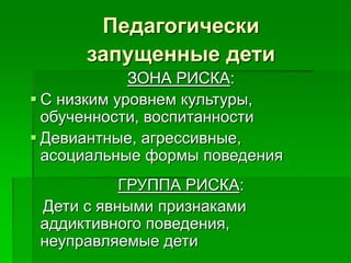 Педагогически
запущенные дети
ЗОНА РИСКА:
 С низким уровнем культуры,
обученности, воспитанности
 Девиантные, агрессивные,
асоциальные формы поведения
ГРУППА РИСКА:
Дети с явными признаками
аддиктивного поведения,
неуправляемые дети
 