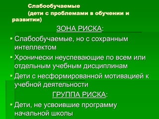 Слабообучаемые
(дети с проблемами в обучении и
развитии)
ЗОНА РИСКА:
 Слабообучаемые, но с сохранным
интеллектом
 Хронически неуспевающие по всем или
отдельным учебным дисциплинам
 Дети с несформированной мотивацией к
учебной деятельности
ГРУППА РИСКА:
 Дети, не усвоившие программу
начальной школы
 