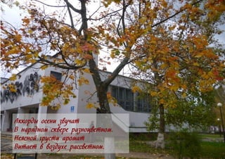 Аккорды осени звучат
В нарядном сквере разноцветном.
Неясной грусти аромат
Витает в воздухе рассветном.
 