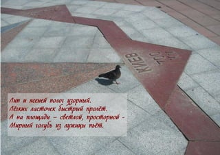 Лип и ясеней полог узорный.
Лёгких ласточек быстрый пролёт.
А на площади – светлой, просторной -
Мирный голубь из лужицы пьёт.
 