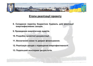 8. Складання переліку бюджетних будівель для реалізації
енергоефективних заходів.
9. Проведення енергетичних аудитів.
10. Розробка проектної документації.
11. Визначення схеми та джерел фінансування.
12. Реалізація заходів з підвищення енергофективності.
13. Подальший моніторинг результатів.
Етапи реалізації проекту
 
