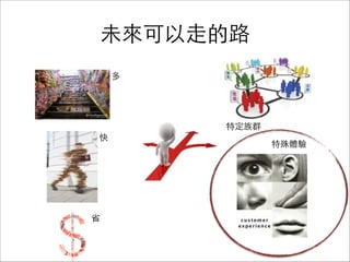 未來可以⾛走的路
多
快
省
特定族群
特殊體驗
 