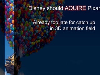“Disney should AQUIRE Pixar
Already too late for catch up
in 3D animation field
 