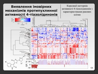 11
Кореляції паттернівКореляції паттернів
активності 4-тіазолідинонів зактивності 4-тіазолідинонів з
характеристиками раковиххарактеристиками ракових
клітинклітин
Виявлення імовірних
механізмів протипухлинної
активності 4-тіазолідинонів
S
NO N
N
N
H
O
Ar
2
Ar
1
R
1
 