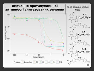 22
Лінія ракових клітин
Mino
Вивчення протипухлинної
активності синтезованих речовин
S
N
O
NH
O
N N
Cl Cl
Br
S
N
O
NH
O
N N
Cl Br
Br
S
N
O
NH
O
N N
N Cl
Br
CH3
CH3
5.35.3
ICIC5050=0,73=0,73μμMM
5.65.6
ICIC5050=0,27=0,27μμMM
5.125.12
ICIC5050=0,16=0,16μμMM
 