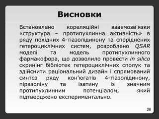 26
Висновки
Встановлено кореляційні взаємозв'язки
«структура – протипухлинна активність» в
ряду похідних 4-тіазолідинону та споріднених
гетероциклічних систем, розроблено QSAR
моделі та модель протипухлинного
фармакофора, що дозволило провести in silico
скринінг бібліотек гетероциклічних сполук та
здійснити раціональний дизайн і спрямований
синтез ряду кон’югатів 4-тіазолідинону,
піразоліну та ізатину із значним
протипухлинним потенціалом, який
підтверджено експериментально.
 