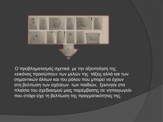 Ο πξνβιεκαηηζκόο ζρεηηθά κε ηελ αμηνπνίεζε ηεο
«εηθόλαο πξνζώπνπ» ησλ κειώλ ηεο ηάμεο αιιά θαη ησλ
ζεκαληηθώλ άιισλ θαη ηνπ ξόινπ πνπ κπνξεί λα έρνπλ
ζηε βειηίσζε ησλ ζρέζεσλ ησλ παηδηώλ, μεθίλεζε ζην
πιαίζην ηνπ ζρεδηαζκνύ κηαο παξέκβαζεο ζε λεπηαγσγείν
πνπ ζηόρν είρε ηε βειηίσζε ηεο πξαγκαηηθόηεηαο ηεο.
 