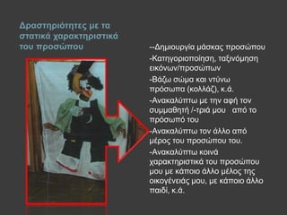 Γξαζηεξηόηεηεο κε ηα
ζηαηηθά ραξαθηεξηζηηθά
ηνπ πξνζώπνπ --Γεκηνπξγία κάζθαο πξνζώπνπ
-Καηεγνξηνπνίεζε, ηαμηλόκεζε
εηθόλσλ/πξνζώπσλ
-Βάδσ ζώκα θαη ληύλσ
πξόζσπα (θνιιάδ), θ.ά.
-Αλαθαιύπησ κε ηελ αθή ηνλ
ζπκκαζεηή /-ηξηά κνπ από ην
πξόζσπό ηνπ
-Αλαθαιύπησ ηνλ άιιν από
κέξνο ηνπ πξνζώπνπ ηνπ.
-Αλαθαιύπησ θνηλά
ραξαθηεξηζηηθά ηνπ πξνζώπνπ
κνπ κε θάπνην άιιν κέινο ηεο
νηθνγέλεηάο κνπ, κε θάπνην άιιν
παηδί, θ.ά.
 