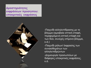 Γξαζηεξηόηεηεο
εθθξάζεσλ πξνζώπνπ:
ππνθξηηηθέο εθθξάζεηο
-Παηρλίδη αιιειεπίδξαζεο κε ην
βιέκκα (ακνηβαία νπηηθή επαθή,
πεξηθεξόκελε νπηηθή επαθή θαη
ησλ δύν, ζπλερέο επίκνλν βιέκκα,
θ.ά.)
-Παηρλίδη ξόισλ/ έθθξαζεο ησλ
ζπλαηζζεκάησλ ησλ
αιιειεπηδξώλησλ
-Γεκηνπξγία πξνζσπείσλ κε
δηάθνξεο ππνθξηηηθέο εθθξάζεηο,
θ.ά.
 