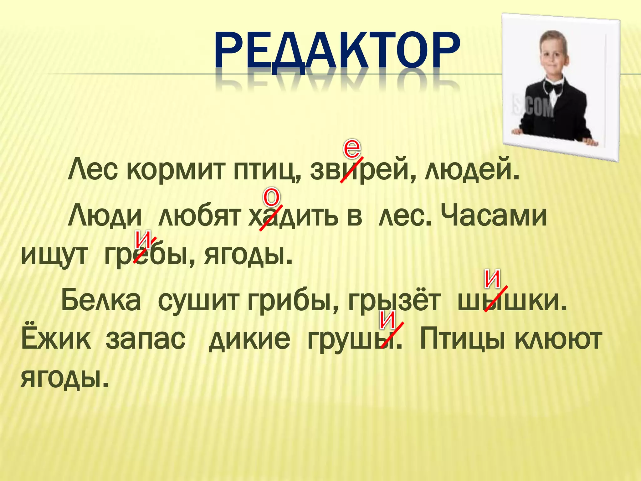 РЕДАКТОР
Лес кормит птиц, звирей, людей.
Люди любят хадить в лес. Часами
ищут гребы, ягоды.
Белка сушит грибы, грызѐт шышки.
Ёжик запас дикие грушы. Птицы клюют
ягоды.
 