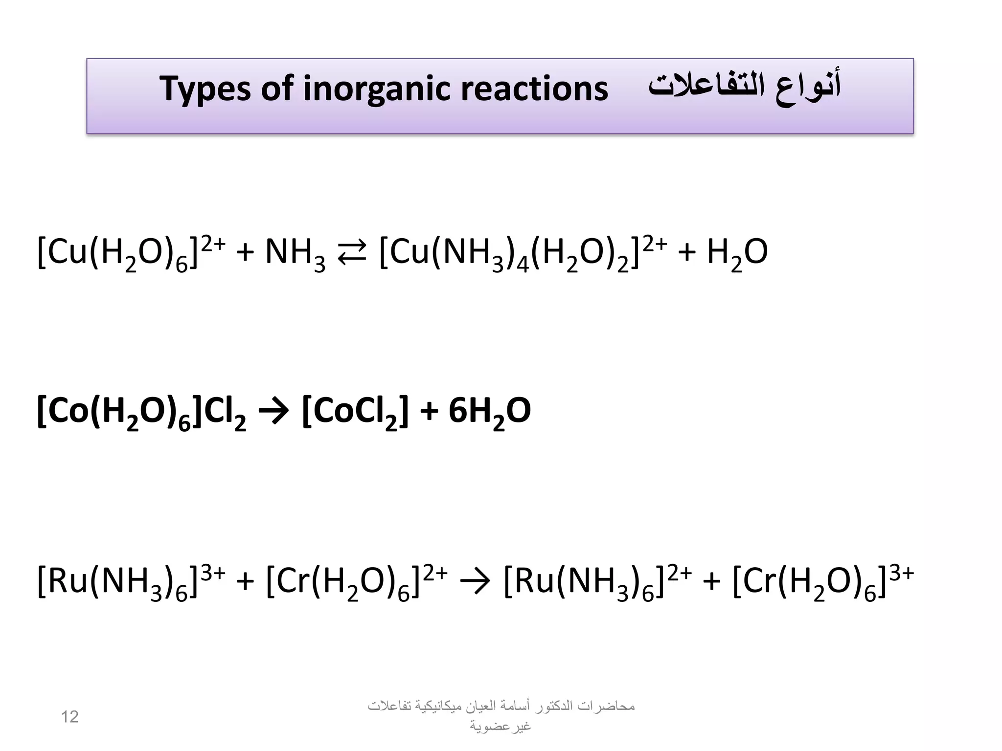 [Cu(H2O)6]2+ + NH3 ⇄ [Cu(NH3)4(H2O)2]2+ + H2O
[Co(H2O)6]Cl2 → [CoCl2] + 6H2O
[Ru(NH3)6]3+ + [Cr(H2O)6]2+ → [Ru(NH3)6]2+ + [Cr(H2O)6]3+
‫التفاعالت‬ ‫أنواع‬Types of inorganic reactions
‫تفاعالت‬ ‫ميكانيكية‬ ‫العيان‬ ‫أسامة‬ ‫الدكتور‬ ‫محاضرات‬
‫غيرعضوية‬
12
 