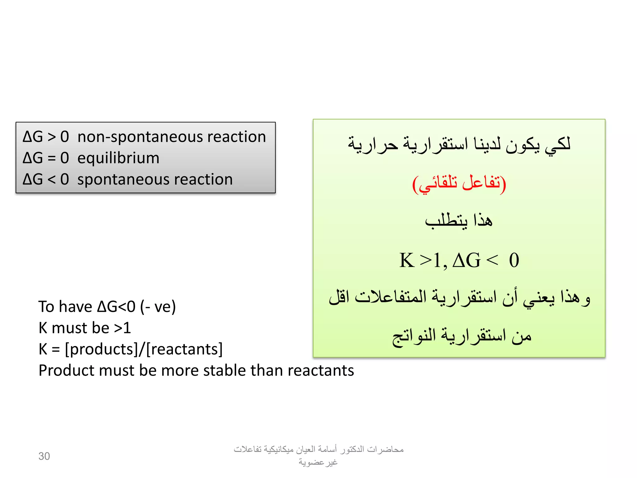 ‫لدينا‬ ‫يكون‬ ‫لكي‬‫استقرارية‬‫حرارية‬
(‫تلقائي‬ ‫تفاعل‬)
‫يتطلب‬ ‫هذا‬
K >1, ΔG < 0
‫أن‬ ‫يعني‬ ‫وهذا‬‫استقرارية‬‫اقل‬ ‫المتفاعالت‬
‫من‬‫استقرارية‬‫النواتج‬
ΔG > 0 non-spontaneous reaction
ΔG = 0 equilibrium
ΔG < 0 spontaneous reaction
To have ΔG<0 (- ve)
K must be >1
K = [products]/[reactants]
Product must be more stable than reactants
‫تفاعالت‬ ‫ميكانيكية‬ ‫العيان‬ ‫أسامة‬ ‫الدكتور‬ ‫محاضرات‬
‫غيرعضوية‬
30
 