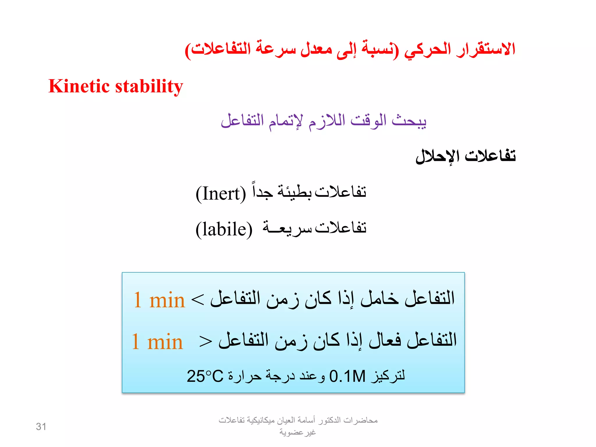 ‫الحركي‬ ‫االستقرار‬(‫التفاعالت‬ ‫سرعة‬ ‫معدل‬ ‫إلى‬ ‫نسبة‬)
Kinetic stability
‫التفاعل‬ ‫إلتمام‬ ‫الالزم‬ ‫الوقت‬ ‫يبحث‬
‫اإلحالل‬ ‫تفاعالت‬
‫تفاعالت‬ً‫ا‬‫جد‬ ‫بطيئة‬(Inert)
‫تفاعالت‬‫سريعــة‬(labile)
‫التفاعل‬ ‫زمن‬ ‫كان‬ ‫إذا‬ ‫خامل‬ ‫التفاعل‬<1 min
‫التفاعل‬ ‫زمن‬ ‫كان‬ ‫إذا‬ ‫فعال‬ ‫التفاعل‬<1 min
‫لتركيز‬0.1M‫حرارة‬ ‫درجة‬ ‫وعند‬25C
‫تفاعالت‬ ‫ميكانيكية‬ ‫العيان‬ ‫أسامة‬ ‫الدكتور‬ ‫محاضرات‬
‫غيرعضوية‬
31
 