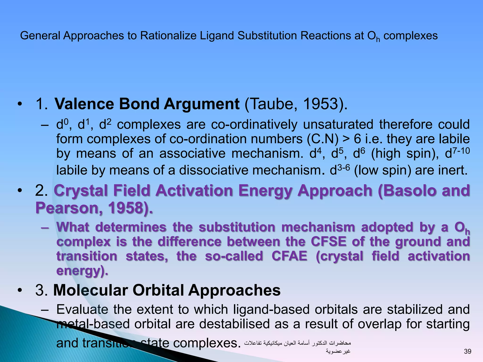 General Approaches to Rationalize Ligand Substitution Reactions at Oh complexes
• 1. Valence Bond Argument (Taube, 1953).
– d0, d1, d2 complexes are co-ordinatively unsaturated therefore could
form complexes of co-ordination numbers (C.N) > 6 i.e. they are labile
by means of an associative mechanism. d4, d5, d6 (high spin), d7-10
labile by means of a dissociative mechanism. d3-6 (low spin) are inert.
• 2. Crystal Field Activation Energy Approach (Basolo and
Pearson, 1958).
– What determines the substitution mechanism adopted by a Oh
complex is the difference between the CFSE of the ground and
transition states, the so-called CFAE (crystal field activation
energy).
• 3. Molecular Orbital Approaches
– Evaluate the extent to which ligand-based orbitals are stabilized and
metal-based orbital are destabilised as a result of overlap for starting
and transition state complexes. ‫محاضرات‬‫تفاعالت‬ ‫ميكانيكية‬ ‫العيان‬ ‫أسامة‬ ‫الدكتور‬
‫غيرعضوية‬ 39
 