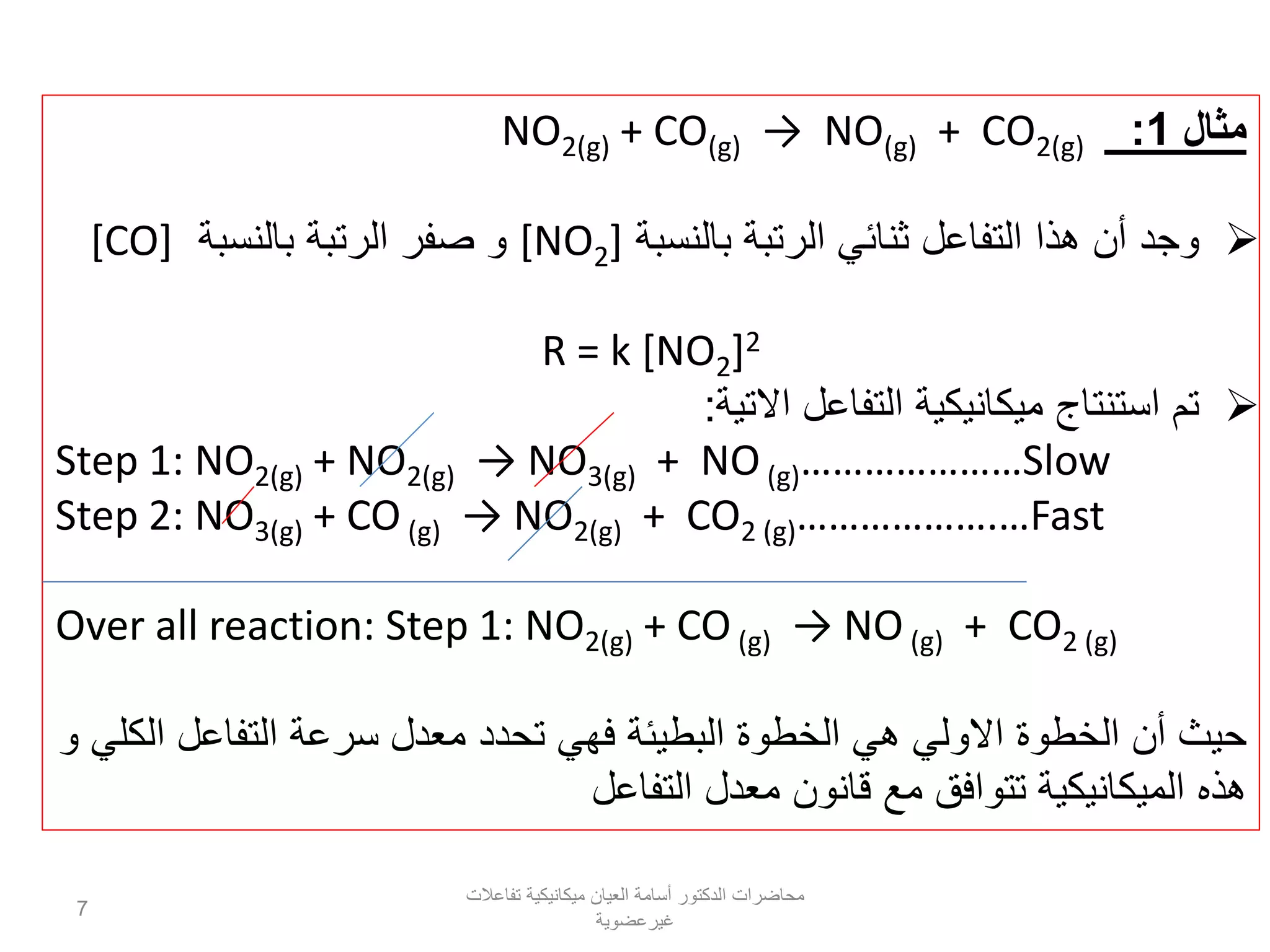 ‫مثال‬1:(g)2+ CO(g)→ NO(g)+ CO(g)2NO
‫بالنسبة‬ ‫الرتبة‬ ‫ثنائي‬ ‫التفاعل‬ ‫هذا‬ ‫أن‬ ‫وجد‬[NO2]‫بالنسبة‬ ‫الرتبة‬ ‫صفر‬ ‫و‬[CO]
R = k [NO2]2
‫االتية‬ ‫التفاعل‬ ‫ميكانيكية‬ ‫استنتاج‬ ‫تم‬:
Step 1: NO2(g) + NO2(g) → NO3(g) + NO(g)…………………Slow
Step 2: NO3(g) + CO(g) → NO2(g) + CO2 (g)……………….…Fast
Over all reaction: Step 1: NO2(g) + CO(g) → NO (g) + CO2 (g)
‫و‬ ‫الكلي‬ ‫التفاعل‬ ‫سرعة‬ ‫معدل‬ ‫تحدد‬ ‫فهي‬ ‫البطيئة‬ ‫الخطوة‬ ‫هي‬ ‫االولي‬ ‫الخطوة‬ ‫أن‬ ‫حيث‬
‫التفاعل‬ ‫معدل‬ ‫قانون‬ ‫مع‬ ‫تتوافق‬ ‫الميكانيكية‬ ‫هذه‬
‫تفاعالت‬ ‫ميكانيكية‬ ‫العيان‬ ‫أسامة‬ ‫الدكتور‬ ‫محاضرات‬
‫غيرعضوية‬
7
 