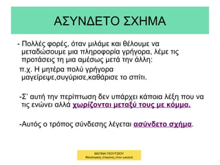 ΑΣΥΝΔΕΤΟ ΣΧΗΜΑ
- Πολλές φορές, όταν μιλάμε και θέλουμε να
μεταδώσουμε μια πληροφορία γρήγορα, λέμε τις
προτάσεις τη μια αμέσως μετά την άλλη:
π.χ. Η μητέρα πολύ γρήγορα
μαγείρεψε,συγύρισε,καθάρισε το σπίτι.
-Σ’ αυτή την περίπτωση δεν υπάρχει κάποια λέξη που να
τις ενώνει αλλά χωρίζονται μεταξύ τους με κόμμα.
-Αυτός ο τρόπος σύνδεσης λέγεται ασύνδετο σχήμα.
ΜΑΤΙΝΑ ΓΚΟΥΤΖΙΟΥ
Φιλολογικές σταγόνες στον ωκεανό
 