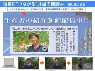 お弁当を食べながら、生産者の生声、実際の農場現場と動画で つながる 機能
福島に つながる 弁当の機能④ 掛け紙うら面
 