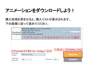 アニメーションをダウンロードしよう！
購入処理を済ませると、購入リストが表示されます。
下の画像に従って進めてください。
 