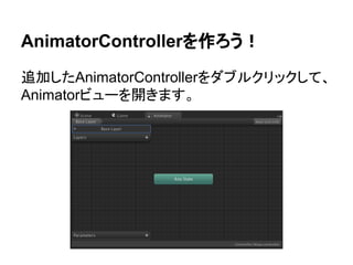 AnimatorControllerを作ろう！
追加したAnimatorControllerをダブルクリックして、
Animatorビューを開きます。
 