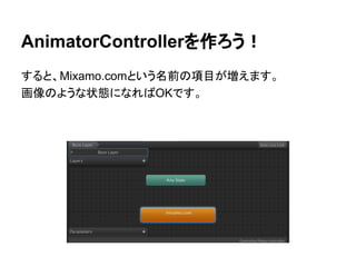 AnimatorControllerを作ろう！
すると、Mixamo.comという名前の項目が増えます。
画像のような状態になればOKです。
 