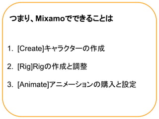 つまり、Mixamoでできることは
1. [Create]キャラクターの作成
2. [Rig]Rigの作成と調整
3. [Animate]アニメーションの購入と設定
 