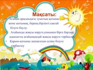 Мақсаты:
• Ағайын арасындағы туыстық қатынас
және ынтымақ, береке,бірлікті сақтай
білуге баулу.
• Ағайынды жақсы кӛруге,сонымен бірге барлық
адамзатты ағайынындай жақсы кӛруге тәрбиелеу
• Қарым-қатынас шапағатын сезіне білуге
тәрбиелеу
 