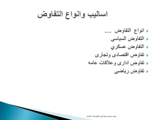 ‫التفاوض‬ ‫انواع‬....
‫السياسى‬ ‫التفاوض‬
‫عسكري‬ ‫التفاوض‬
‫وتجارى‬ ‫اقتصادى‬ ‫تفاوض‬
‫عامه‬ ‫وعالقات‬ ‫ادارى‬ ‫تفاوض‬
‫رياضى‬ ‫تفاوض‬
‫محمود‬ ‫محمد‬-‫الدوليه‬ ‫المفاوضات‬ ‫فى‬ ‫باحث‬
 