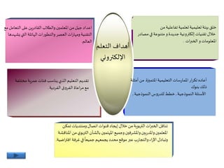 ‫أهداف‬‫التعلم‬
‫اإللكتروني‬
‫تفاعلية‬‫تعلمية‬‫تعليمية‬‫بيئة‬ ‫خلق‬‫من‬
‫و‬‫جديدة‬‫إلكترونية‬‫تقنيات‬ ‫خالل‬‫في‬ ‫متنوعة‬‫مص‬‫ادر‬
‫ات‬‫ر‬‫الخب‬ ‫و‬‫املعلومات‬.
‫املعلمين‬ ‫من‬‫جيل‬‫اعداد‬‫ين‬‫ر‬‫القاد‬‫والطالب‬‫التع‬ ‫على‬‫مع‬‫امل‬
‫ي‬‫التي‬‫الهائلة‬‫والتطورات‬‫العصر‬‫ات‬‫ر‬‫ومها‬‫التقنية‬‫شهدها‬
‫العالم‬.
‫املتميزة‬‫التعليمية‬ ‫سات‬‫ر‬‫املما‬‫ار‬‫ر‬‫تك‬ ‫أعاده‬.‫م‬‫أمثلة‬ ‫ن‬
‫ذلك‬‫بنوك‬
‫األسئلة‬‫النموذجية‬,‫النموذجية‬‫للدروس‬ ‫خطط‬,
‫عمرية‬‫فئات‬ ‫يناسب‬‫الذي‬‫التعليم‬‫تقديم‬‫م‬‫ختلفة‬
‫الفردية‬‫الفروق‬ ‫اعاة‬‫ر‬‫م‬ ‫مع‬.
‫ت‬‫ومنتديات‬ ‫اتصال‬‫قنوات‬‫إيجاد‬ ‫خالل‬ ‫من‬‫التربوية‬‫ات‬‫ر‬‫الخب‬‫تناقل‬‫مكن‬
‫الترب‬ ‫بالشأن‬‫املهتمين‬ ‫وجميع‬ ‫واملشرفين‬‫بين‬‫ر‬‫واملد‬‫املعلمين‬‫املناقشة‬ ‫من‬‫ي‬‫و‬
‫غرفة‬ ‫في‬
ً
‫جميعا‬ ‫يجمعهم‬ ‫محدد‬ ‫موقع‬ ‫عبر‬‫ب‬‫ر‬‫والتجا‬‫اء‬‫ر‬‫اآل‬ ‫وتبادل‬‫اف‬‫اضية‬‫ر‬‫ت‬.
 