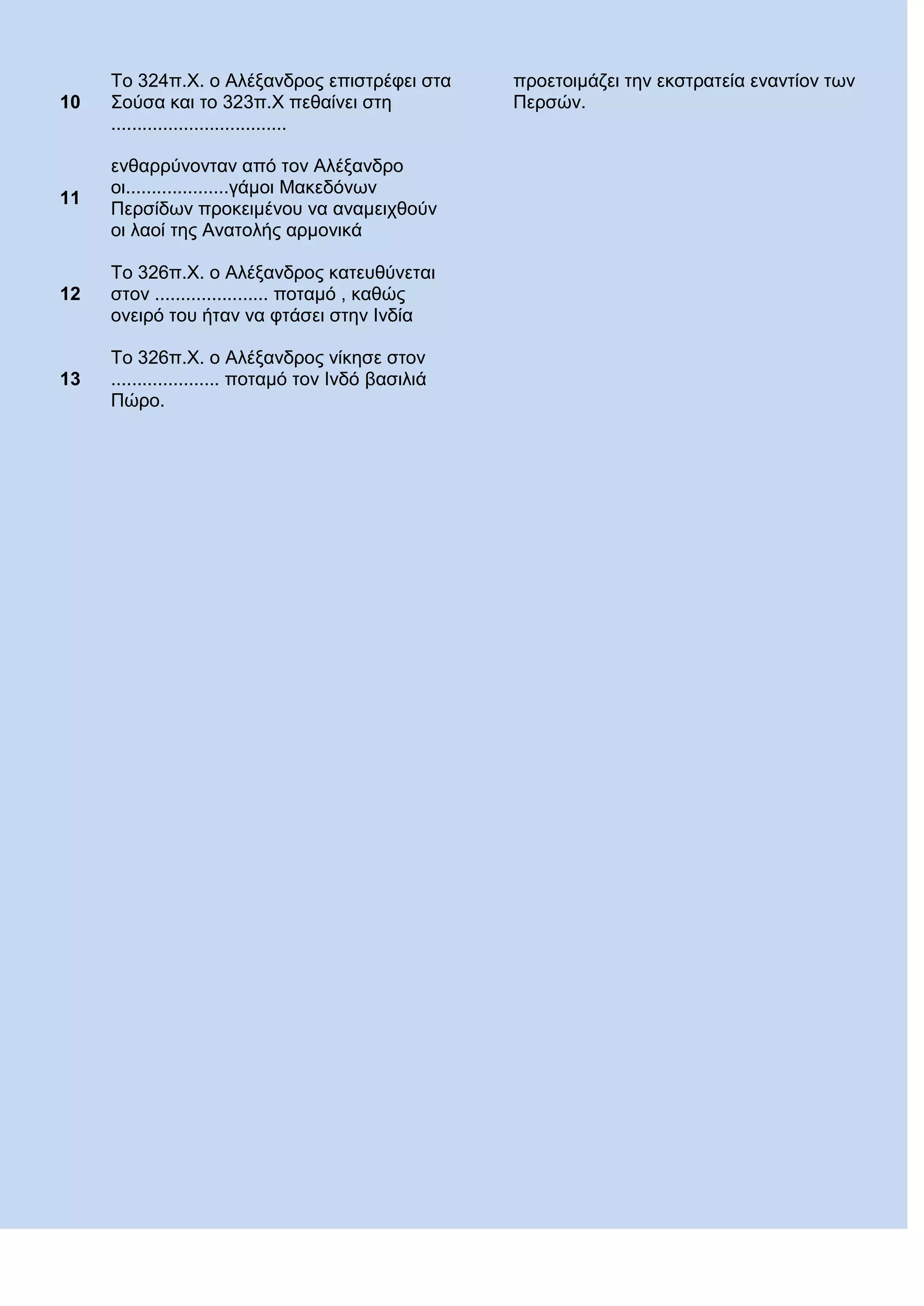 10
Τν 324π.Χ. ν Αιέμαλδξνο επηζηξέθεη ζηα
Σνύζα θαη ην 323π.Χ πεζαίλεη ζηε
..................................
11
ελζαξξύλνληαλ από ηνλ Αιέμαλδξν
νη....................γάκνη Μαθεδόλωλ
Πεξζίδωλ πξνθεηκέλνπ λα αλακεηρζνύλ
νη ιανί ηεο Αλαηνιήο αξκνληθά
12
Τν 326π.Χ. ν Αιέμαλδξνο θαηεπζύλεηαη
ζηνλ ...................... πνηακό , θαζώο
νλεηξό ηνπ ήηαλ λα θηάζεη ζηελ Ιλδία
13
Τν 326π.Χ. ν Αιέμαλδξνο λίθεζε ζηνλ
..................... πνηακό ηνλ Ιλδό βαζηιηά
Πώξν.
πξνεηνηκάδεη ηελ εθζηξαηεία ελαληίνλ ηωλ
Πεξζώλ.
 