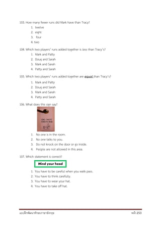 แบบฝึกพัฒนาทักษะภาษาอังกฤษ หน้า 253
103. How many fewer runs did Mark have than Tracy?
1. twelve
2. eight
3. four
4. two
104. Which two players’ runs added together is less than Tracy’s?
1. Mark and Patty
2. Doug and Sarah
3. Mark and Sarah
4. Patty and Sarah
105. Which two players’ runs added together are equal than Tracy’s?
1. Mark and Patty
2. Doug and Sarah
3. Mark and Sarah
4. Patty and Sarah
106. What does this sign say?
1. No one is in the room.
2. No one talks to you.
3. Do not knock on the door or go inside.
4. People are not allowed in this area.
107. Which statement is correct?
1. You have to be careful when you walk pass.
2. You have to think carefully.
3. You have to wear your hat.
4. You have to take off hat.
Mind your head
 