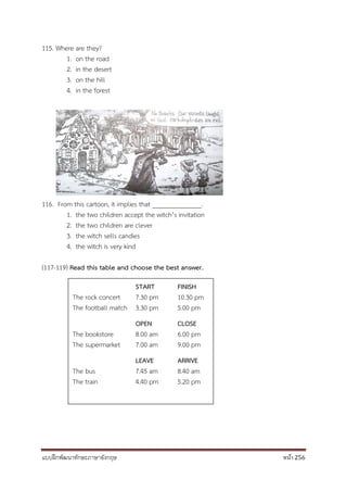 แบบฝึกพัฒนาทักษะภาษาอังกฤษ หน้า 256
115. Where are they?
1. on the road
2. in the desert
3. on the hill
4. in the forest
116. From this cartoon, it implies that _______________.
1. the two children accept the witch’s invitation
2. the two children are clever
3. the witch sells candies
4. the witch is very kind
(117-119) Read this table and choose the best answer.
START FINISH
The rock concert 7.30 pm 10.30 pm
The football match 3.30 pm 5.00 pm
OPEN CLOSE
The bookstore 8.00 am 6.00 pm
The supermarket 7.00 am 9.00 pm
LEAVE ARRIVE
The bus 7.45 am 8.40 am
The train 4.40 pm 5.20 pm
 