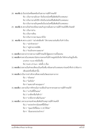 แบบฝึกพัฒนาทักษะภาษาอังกฤษ หน้า 57
28. ตอบข้อ 2 เป็นประโยคที่สอดคล้องกับสถานการณ์ที่กาหนดให้
ข้อ 1 เป็นการถามถึงเวลา จึงเป็นประโยคที่ไม่สัมพันธ์กับบทสนทนา
ข้อ 3 เป็นการถามถึงวิธีการจึงเป็นประโยคที่ไม่สัมพันธ์กับบทสนทนา
ข้อ 4 เป็นการถามถึงบุคคลจึงเป็นประโยคที่ไม่สัมพันธ์กับบทสนทนา
29. ตอบข้อ 3 เพราะเป็นคาตอบที่เหมาะสมกับอุปกรณ์ในสถานการณ์ที่กาหนดให้คือ ดินสอสี
ข้อ 1 เป็นการอ่าน
ข้อ 2 เป็นการเขียน
ข้อ 4 เป็นการวาดภาพแรเงาทั่วไป
30. ตอบข้อ 4 เพราะ แปลว่า “อย่างส่งเสียงดัง” มีความหมายเช่นเดียวกับคาว่าเงียบ
ข้อ 1 “อย่าทาสกปรก”
ข้อ 2 “อยู่ห่างจากหนังสือ
ข้อ 3 “ช่วยรักษาความสะอาด”
31. ตอบข้อ 3 เพราะว่าจากสถานการณ์ที่กาหนดให้ ผู้พูดลงจากรถทั้งสองคน
32. ตอบข้อ 4 เพราะในบทสนทนาไม่สามารถตกลงกันได้ว่าจะดูหนังเรื่องใด จึงชักชวนกันดูเรื่องอื่น
another movie หนังเรื่องอื่น
ข้อ 3 both of them หนังทั้ง 2 เรื่อง
33. ตอบข้อ 3 เพราะเป็นคาตอบที่ตอบเป็นเครื่องดื่ม คล้อยตามกับบทสนทนาก่อนหน้าที่กล่าวว่าต้องการ
เพียงแค่เครื่องดื่มเท่านั้น
34. ตอบข้อ 3 เป็นการกล่าวทักทายที่เหมาะสมในวัฒนธรรมทางภาษา
ข้อ 1 “จริงเหรอ”
ข้อ 2 “ไม่เป็นไร”
ข้อ 4 “ผมสบายดี ขอบคุณมาก”
35. ตอบข้อ 1 เพราะเป็นการชักชวนในการเปลี่ยนร้านอาหารตามสถานการณ์ที่กาหนดให้
ข้อ 2 “เรากินที่นี้กันเถอะ”
ข้อ 3 “เราสั่งชาดื่มกันดีกว่า”
ข้อ 4 “เราสั่งอาหารเพิ่มกันเถอะ”
36. ตอบข้อ 1 เพราะเวลาของคาตอบสัมพันธ์กับเหตุการณ์ที่กาหนดให้
ข้อ 2 “รถประจาทางไม่จอดที่นี่ใช่ไหม”
ข้อ 3 “คุณมาถึงที่นี่ตอน 11.50 ใช่ไหม”
ข้อ 4 “ฉันจะรอรถประจาทาง”
 