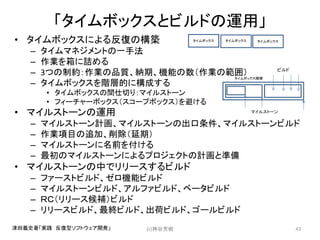 「タイムボックスとビルドの運用」
• タイムボックスによる反復の構築
– タイムマネジメントの一手法
– 作業を箱に詰める
– 3つの制約：作業の品質、納期、機能の数（作業の範囲）
– タイムボックスを階層的に構成する
• タイムボックスの間仕切り：マイルストーン
• フィーチャーボックス（スコープボックス）を避ける
• マイルストーンの運用
– マイルストーン計画、マイルストーンの出口条件、マイルストーンビルド
– 作業項目の追加、削除（延期）
– マイルストーンに名前を付ける
– 最初のマイルストーンによるプロジェクトの計画と準備
• マイルストーンの中でリリースするビルド
– ファーストビルド、ゼロ機能ビルド
– マイルストーンビルド、アルファビルド、ベータビルド
– ＲＣ（リリース候補）ビルド
– リリースビルド、最終ビルド、出荷ビルド、ゴールビルド
(c)神谷芳樹 43津田義史著「実践 反復型ソフトウェア開発」
タイムボックス タイムボックス タイムボックス
タイムボックス階層
マイルストーン
ビルド
 