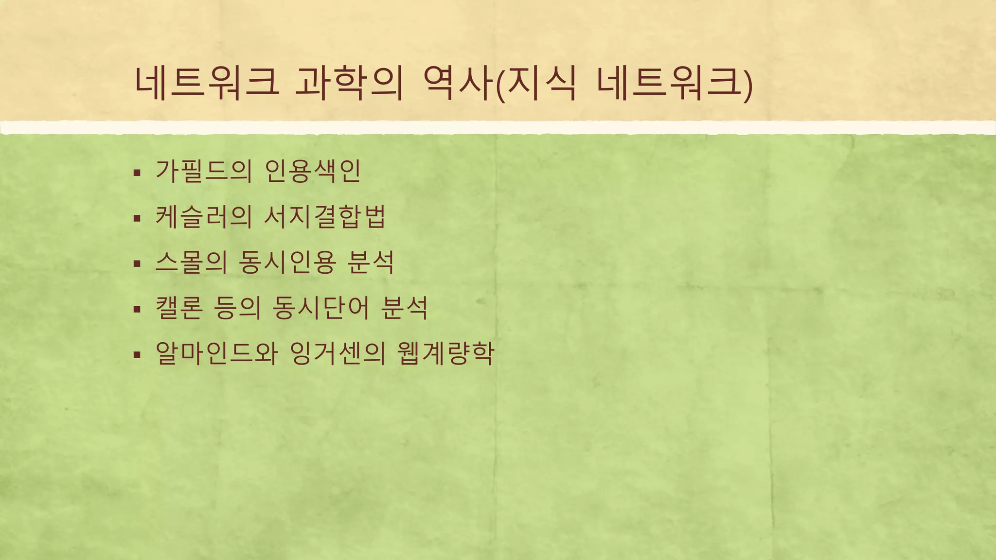 네트워크 과학의 역사(지식 네트워크)
 가필드의 인용색인
 케슬러의 서지결합법
 스몰의 동시인용 분석
 캘론 등의 동시단어 분석
 알마인드와 잉거센의 웹계량학
 