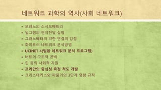 네트워크 과학의 역사(사회 네트워크)
 모레노의 소시오메트리
 밀그램의 편지전달 실험
 그래노베터의 약한 연결의 강점
 화이트의 네트워크 분석방법
 UCINET 4(범용 네트워크 분석 프로그램)
 버트의 구조적 공백
 린 등의 사회적 자원
 프리만의 중심성 측정 척도 개발
 크리스태키스와 파울러의 3단계 영향 규칙
 