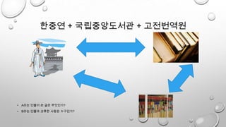 한중연 + 국립중앙도서관 + 고전번역원
• A라는 인물이 쓴 글은 무엇인가?
• B라는 인물과 교류한 사람은 누구인가?
 