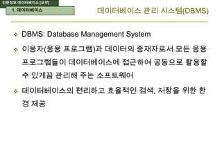 인문정보 데이터베이스 [요약]
데이터베이스 관리 시스템(DBMS)
 DBMS: Database Management System
 이용자(응용 프로그램)과 데이터의 중재자로서 모든 응용
프로그램들이 데이터베이스에 접근하여 공동으로 활용할
수 있게끔 관리해 주는 소프트웨어
 데이터베이스의 편리하고 효율적인 검색, 저장을 위한 환
경 제공
1. 데이터베이스
 
