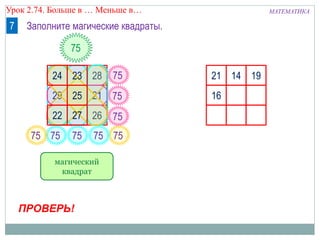 МАТЕМАТИКАУрок 2.74. Больше в … Меньше в…
28
29 21
26
75
75
75
7575 75 7575
75
23
25
27
магический
квадрат
ПРОВЕРЬ!
7 Заполните магические квадраты.
21 14 19
16
24
22
 