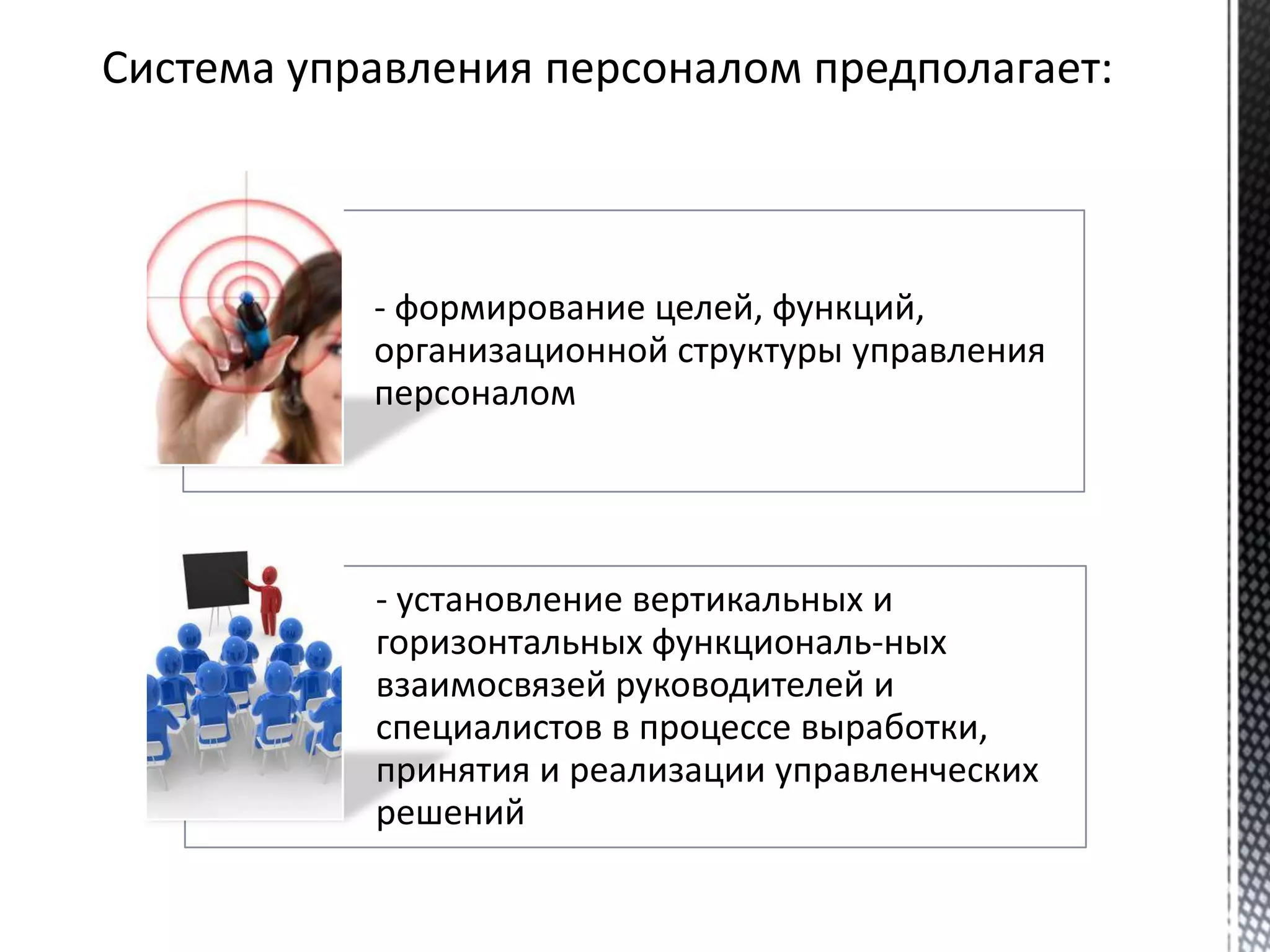 - формирование целей, функций,
организационной структуры управления
персоналом
- установление вертикальных и
горизонтальных функциональ­ных
взаимосвязей руководителей и
специалистов в процессе выработки,
принятия и реализации управленческих
решений
 