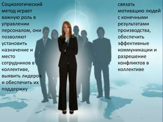 cвязать
мотивацию людей
с конечными
результатами
производства,
обеспечить
эффективные
коммуникации и
разрешение
конфликтов в
коллективе
Социологический
метод играет
важную роль в
управлении
персоналом, они
позволяют
установить
назначение и
место
сотрудников в
коллективе,
выявить лидеров
и обеспечить их
поддержку
 