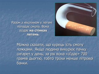 Разом з нікотином у легені
попадає смола. Вона
осідає на стінках
легень.
Можна сказати, що курець їсть смолу
ложками. Якщо...