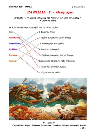 ΟΜΗΡΙΚΑ ΕΠΗ – ΙΛΙΑΔΑ ☻ Σοφία Χαντζή ☺
B4-Ομάδα 4η
Σπυροπούλου Μαρία, Τσικνάκη Εμμανουέλα, Τσιούστα Ισιδώρα, Φώσκολου Μαντώ
- 45 -
ΡΑΨΩΔΙΑ Υ / Θεομαχία
ΧΡΟΝΟΣ : 10ος
χρόνος πολιορκίας της Τροίας / 27η
μέρα της Ιλιάδας /
4η
μέρα της μάχης
☻ Ας αντιστοιχήσουμε τα στοιχεία των παρακάτω στηλών
Δίας 1. Σώζει τον Αινεία
Απόλλωνας 2. Έρχεται αντιμέτωπος με τον Έκτορα
Ποσειδώνας 3. Μονομαχεί με τον Αχιλλέα
Αχιλλέας 4. Επιτρέπει τη Θεομαχία
Έκτορας 5. Σπρώχνει τον Αινεία προς τον Αχιλλέα
Αινείας 6. Σκορπά το θάνατο στο πεδίο της μάχης
7. Τυλίγει τον Έκτορα με ομίχλη
8. Σώζεται από τον Φοίβο
 