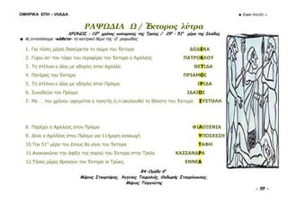 ΟΜΗΡΙΚΑ ΕΠΗ – ΙΛΙΑΔΑ ☻ Σοφία Χαντζή ☺
B4-Ομάδα 6η
Μάριος Στουρνάρας, Άγγελος Τουραλιάς, Θοδωρής Σταυρόπουλος,
Μάριος Τσιργιώτης
- 55 -
ΡΑΨΩΔΙΑ Ω / Ἕκτορος λύτρα
ΧΡΟΝΟΣ : 10ος
χρόνος πολιορκίας της Τροίας / 29η
– 51η
μέρα της Ιλιάδας
☻ Ας εντοπίσουμε -κάθετα- το κεντρικό θέμα της Ω ραψωδίας
1. Για τόσες μέρες διασύρεται το σώμα του Έκτορα ΔΩΔΕΚΑ
2. Γύρω απ’ τον τάφο του περιφέρει τον Έκτορα ο Αχιλλέας ΠΑΤΡΟΚΛΟΥ
3. Τη στέλνει ο Δίας με οδηγίες στον Αχιλλέα ΘΕΤΙΔΑ
4. Πατέρας του Έκτορα ΠΡΙΑΜΟΣ
5. Τη στέλνει ο Δίας με οδηγίες στον Πρίαμο ΙΡΙΔΑ
6. Συνοδεύει τον Πρίαμο ΙΔΑΙΟΣ
7. Με … του χρόνου αφηγείται ο ποιητής ό,τι ακολουθεί το θάνατο του Έκτορα ΣΥΣΤΟΛΗ
8. Παρέχει ο Αχιλλέας στον Πρίαμο ΦΙΛΟΞΕΝΙΑ
9. Δίνει ο Αχιλλέας στον Πρίαμο για 11ήμερη ανακωχή ΥΠΟΣΧΕΣΗ
10.Την 51η
μέρα του έπους θα γίνει του Έκτορα ΤΑΦΗ
11.Ανακοινώνει την άφιξη της σορού του Έκτορα στην Τροία ΚΑΣΣΑΝΔΡΑ
12.Τόσες μέρες θρηνούν τον Έκτορα οι Τρώες ΕΝΝΕΑ
 