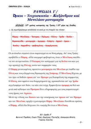 ΟΜΗΡΙΚΑ ΕΠΗ – ΙΛΙΑΔΑ ☻ Σοφία Χαντζή ☺
Β3- Ομάδα 3η
Φωτεινή Παρδάλη, Σοφία Πόλα, Δημήτρης Πανταζής, Καλομοίρα Μπάτη,
Γιώργος Σέρελης
- 5 -
ΡΑΨΩΔΙΑ Γ /
Ὅρκοι – Τειχοσκοπία – Ἀλεξάνδρου καί
Μενελάου μονομαχία
ΧΡΟΝΟΣ: 10ος
χρόνος πολιορκίας της Τροίας / 22η
μέρα της Ιλιάδας
☺ Ας συμπληρώσουμε κατάλληλα τα κενά με τα στοιχεία του πίνακα
Οι αντίπαλοι στρατοί είναι παραταγμένοι σε θέση μάχης. Απ’ τους Τρώες
προβάλλει ο Πάρης αλλά υποχωρεί φοβισμένος, όταν ο Μενέλαος σπεύδει
να τον αντιμετωπίσει. Ο Έκτορας τον κατηγορεί για τη δειλία του και για
την αρπαγή της Ελένης, αιτία των συμφορών τους.
Ο Πάρης μετανιωμένος, προτείνει μονομαχία στο Μενέλαο με έπαθλο την
Ελένη και τους κλεμμένους θησαυρούς της Σπάρτης. Ο Μενέλαος δέχεται, με
τον όρο να δοθούν όρκοι απ’ τον Πρίαμο για διασφάλιση της συμφωνίας.
Η Ελένη, που υφαίνει στα διαμερίσματά της, προσκαλείται απ’ την Ίριδα
αγγελιαφόρο των θεών, να πάει στα τείχη. Εμφανίζεται όμορφη σα θεά και
μετά από κάλεσμα του Πριάμου δίνει πληροφορίες για τους παρατεταγμέ-
νους ήρωες των Αχαιών.
Μετά την τέλεση των θυσιών και την επικύρωση των όρκων απ’ τον Πρίαμο
και τον Μενέλαο, αρχίζει η μονομαχία Πάρη - Μενέλαου. Επιτίθεται πρώτος
ο Πάρης αλλά όλα δείχνουν ότι νικητής θα είναι ο Μενέλαος.
Πάρης – Μενέλαος – Έκτορας – Πρίαμος – Ελένη – Ίριδα – δειλία –
θεραπαινίδα – μονομαχία – όμορφη – Σπάρτη – Αχαιοί – όρκοι –
θυσίες – Αφροδίτη – φοβισμένος – Αγαμέμνονας
 